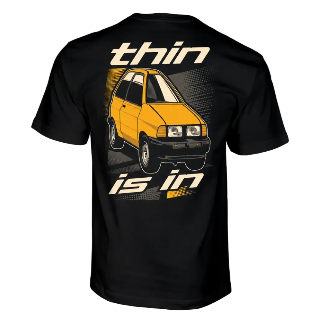 Thin car shirt with thinnest yellow car on a black tee shirt