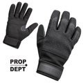 A pair of black work gloves shown on a white background, one glove oriented to show the back of the hand and the other to show the palm side. The gloves feature textured mesh panels on the palms and backs, solid fabric sections, and a visible 'PROP DEPT' logo patch on the cuff.