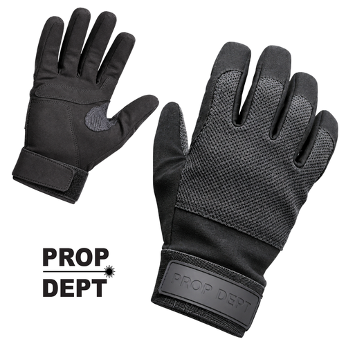 A pair of black work gloves shown on a white background, one glove oriented to show the back of the hand and the other to show the palm side. The gloves feature textured mesh panels on the palms and backs, solid fabric sections, and a visible 'PROP DEPT' logo patch on the cuff.