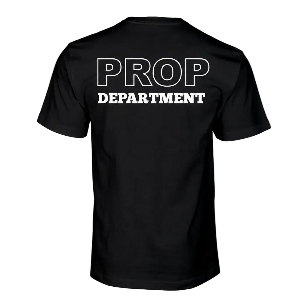A black short-sleeve t-shirt shown from the back, featuring the words 'PROP DEPARTMENT' printed in bold white capital letters across the upper back.