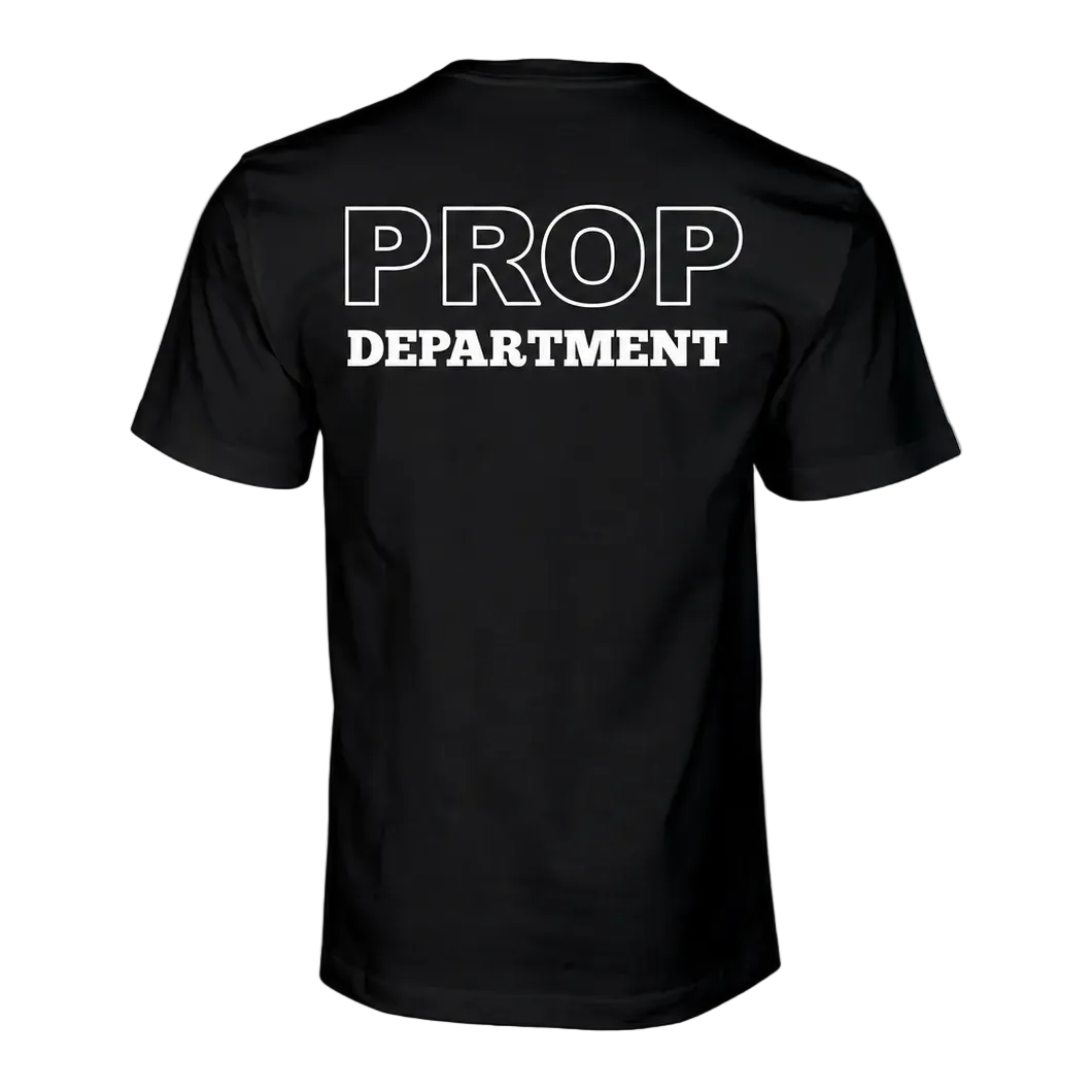 A black short-sleeve t-shirt shown from the back, featuring the words 'PROP DEPARTMENT' printed in bold white capital letters across the upper back.