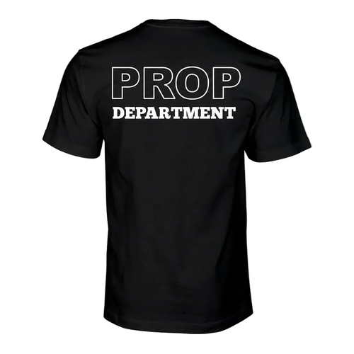 A black short-sleeve t-shirt shown from the back, featuring the words 'PROP DEPARTMENT' printed in bold white capital letters across the upper back.