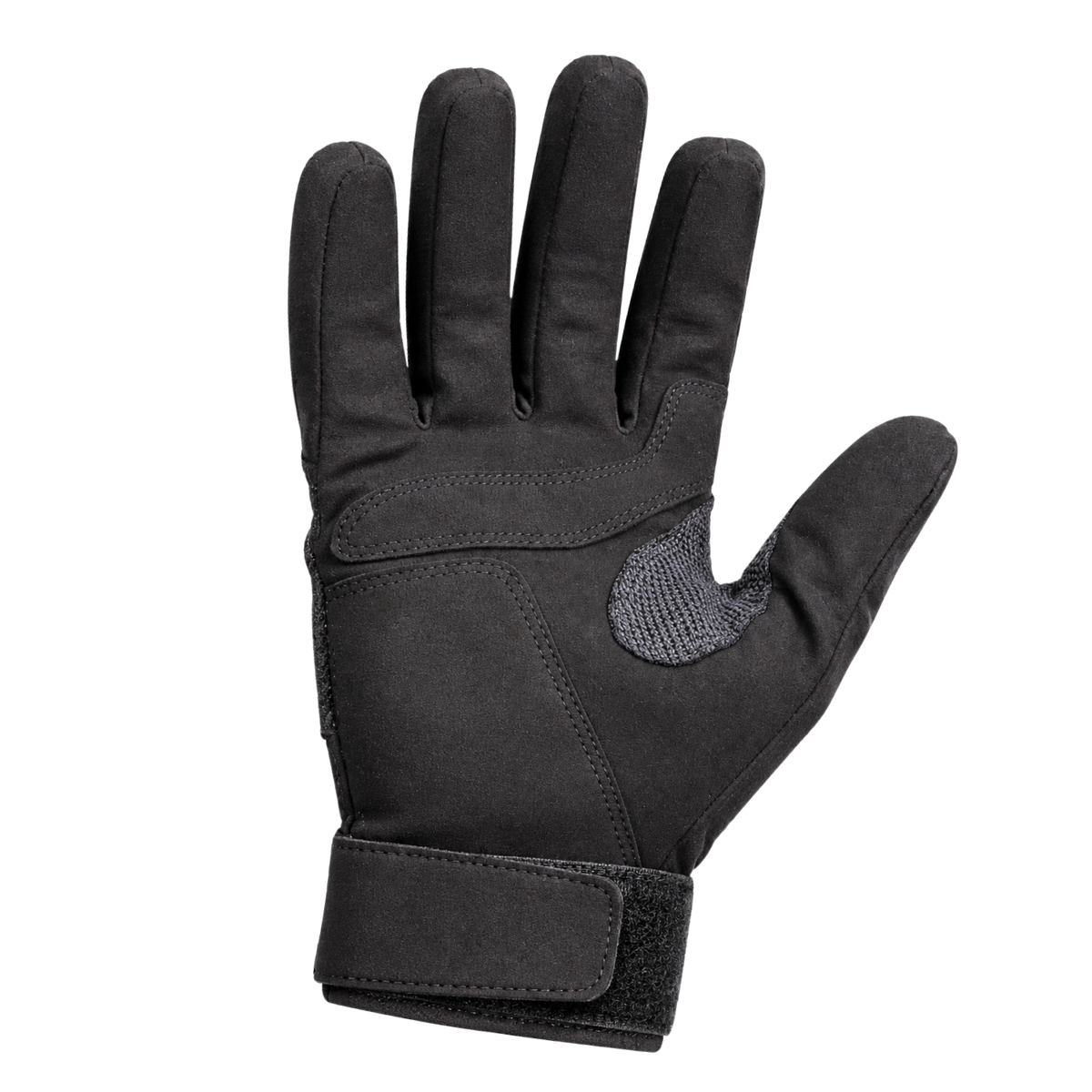A single black leather work glove shown from the back, featuring a textured grip panel on the back of the hand and a hook-and-loop strap closure at the wrist, set against a plain white background.